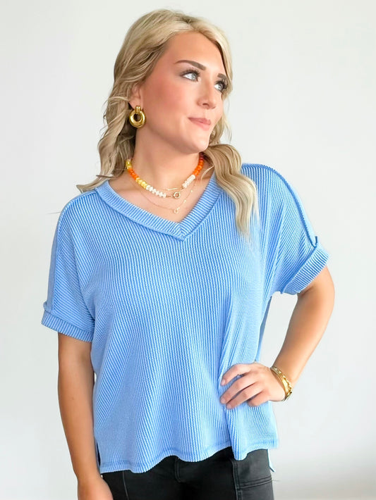 Katy Ribbed V-Neck Top | Sky Blue