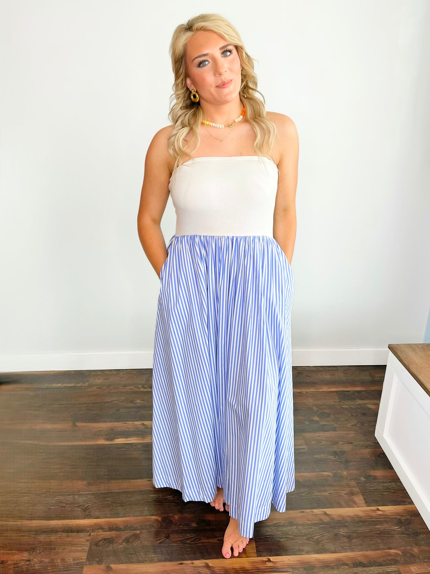 Blakely Striped Strapless Midi Dress