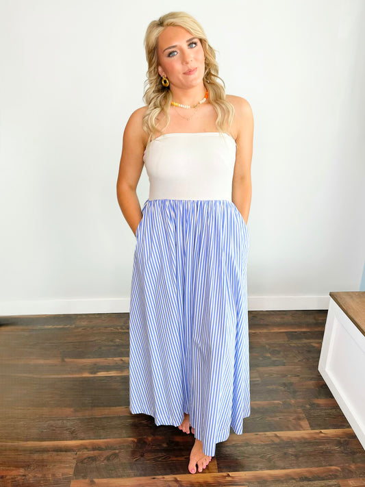 Blakely Striped Strapless Midi Dress