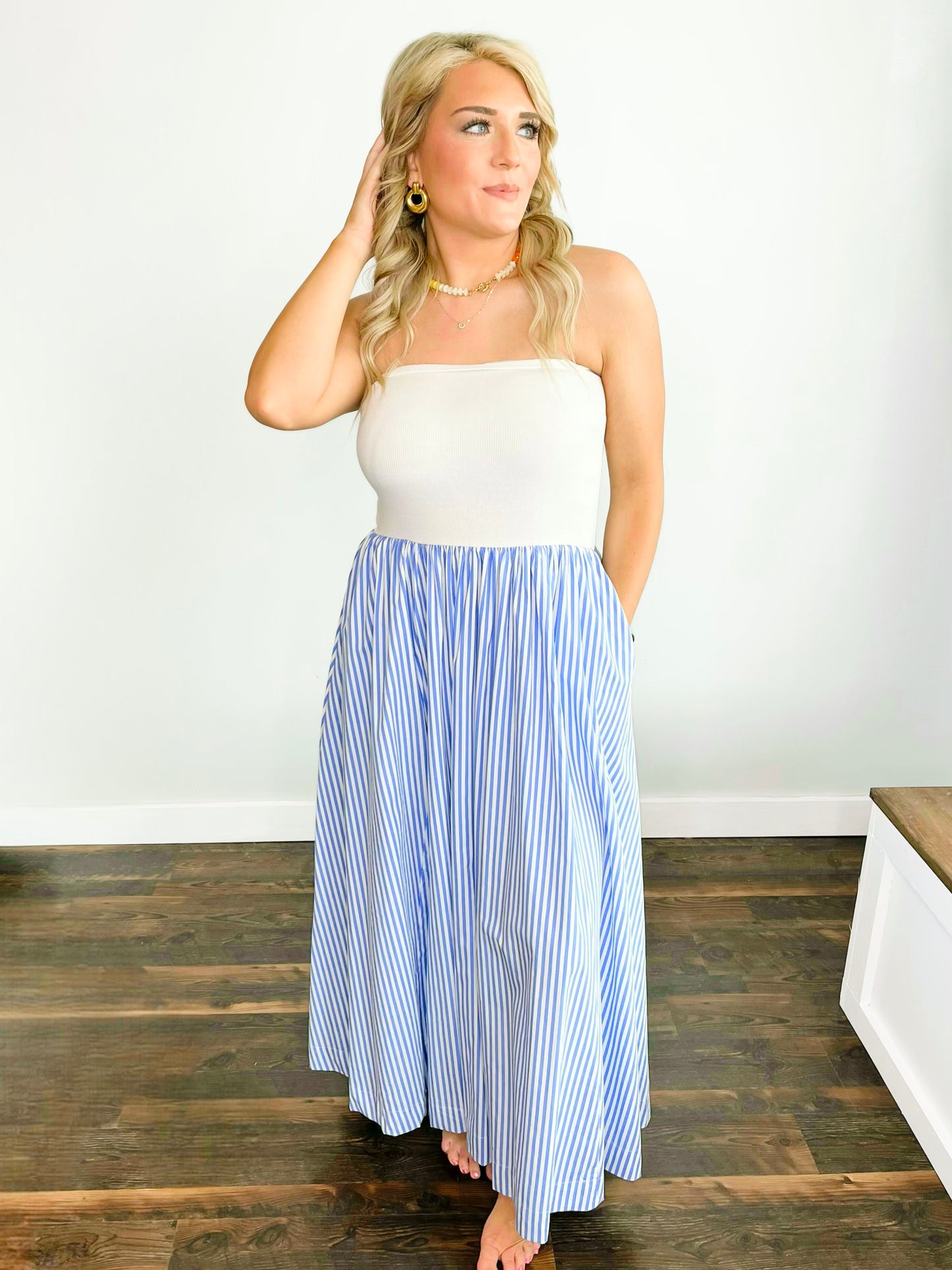 Blakely Striped Strapless Midi Dress