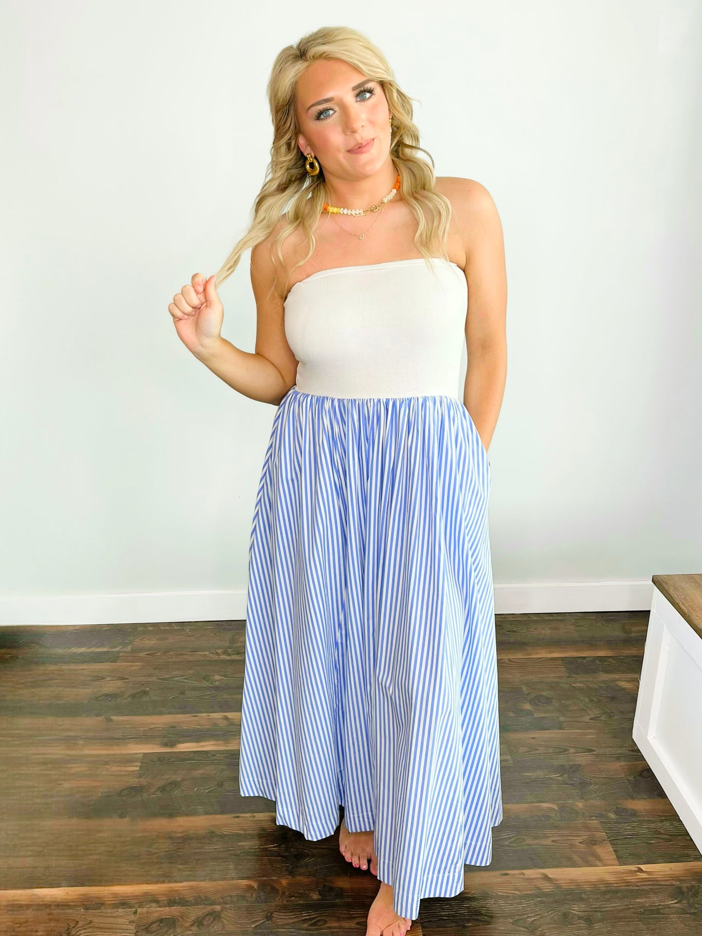 Blakely Striped Strapless Midi Dress