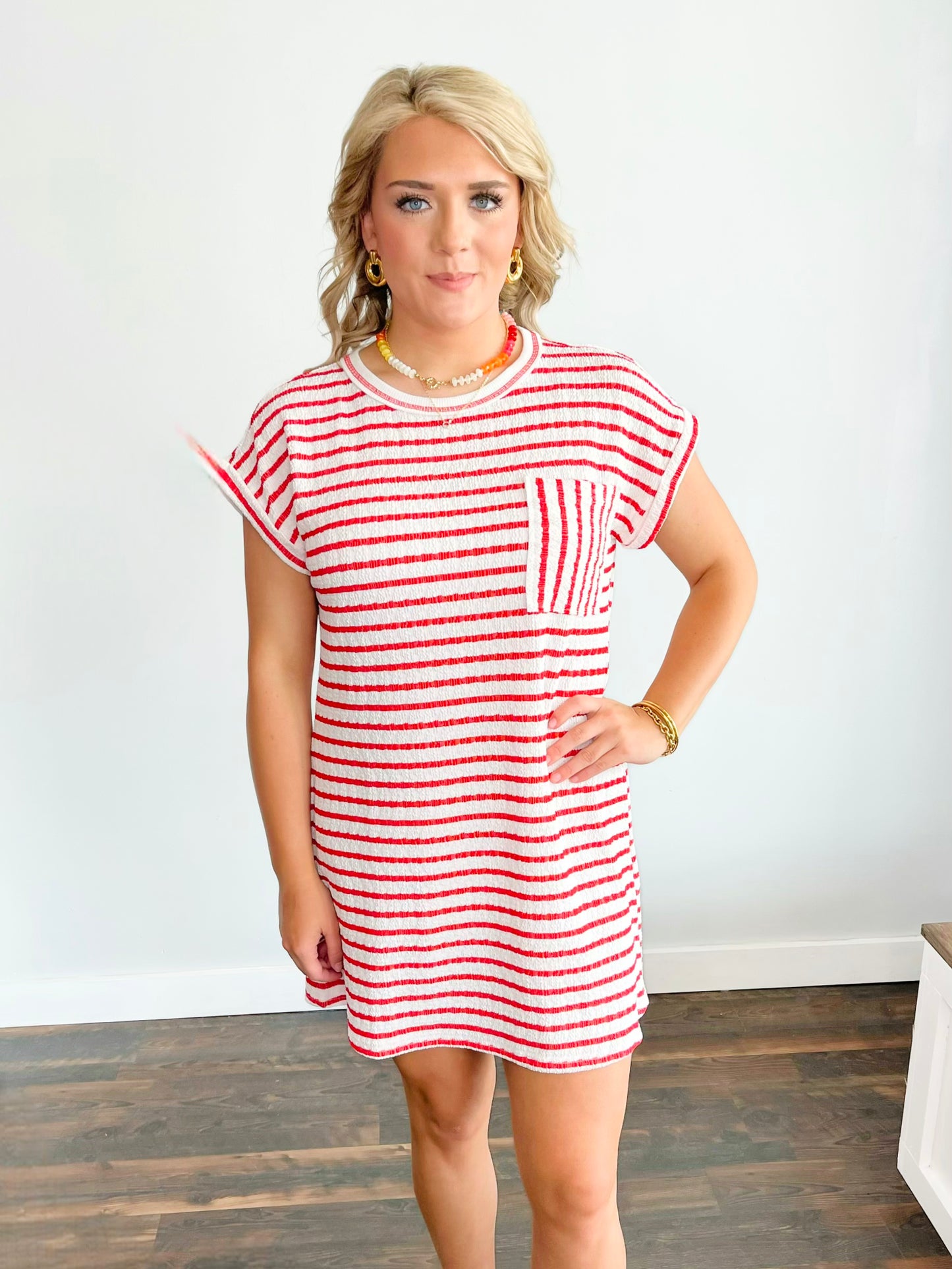 Chrissy Textured Stripe Knit T-Shirt Dress | Red