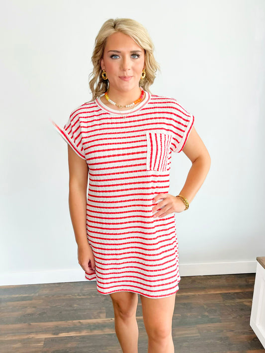 Chrissy Textured Stripe Knit T-Shirt Dress | Red