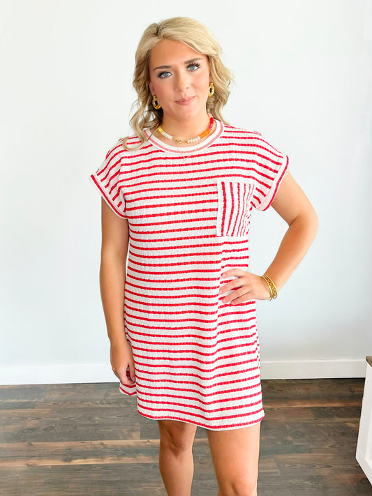 Chrissy Textured Stripe Knit T-Shirt Dress | Red