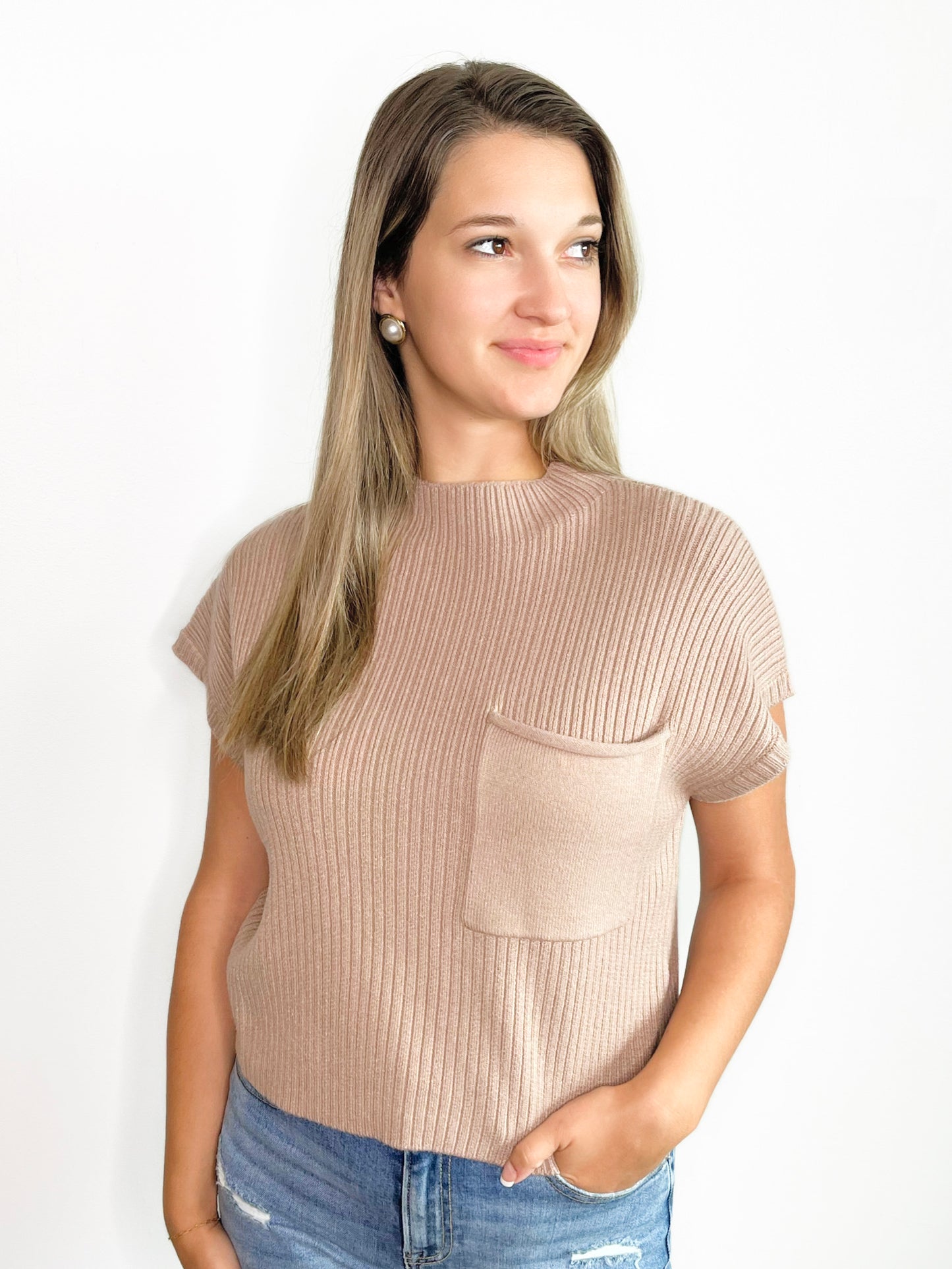 Arianna Mock Neck Sweater Top | Taupe