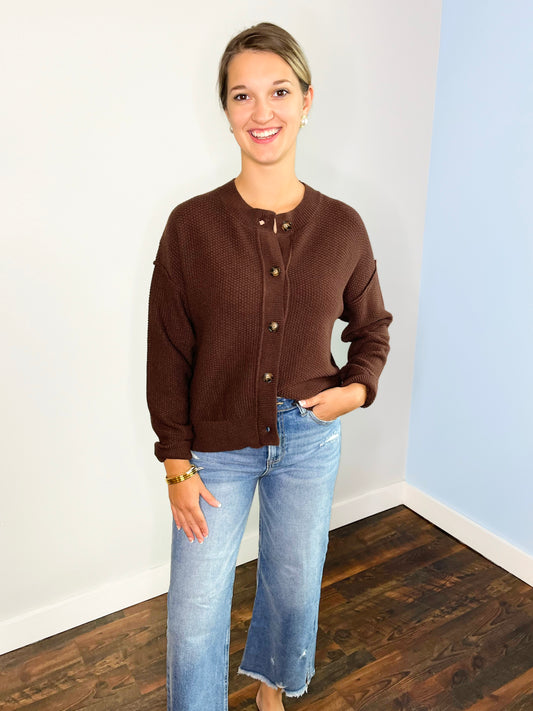Grace Exposed Seam Button Down Cardigan | Chocolate