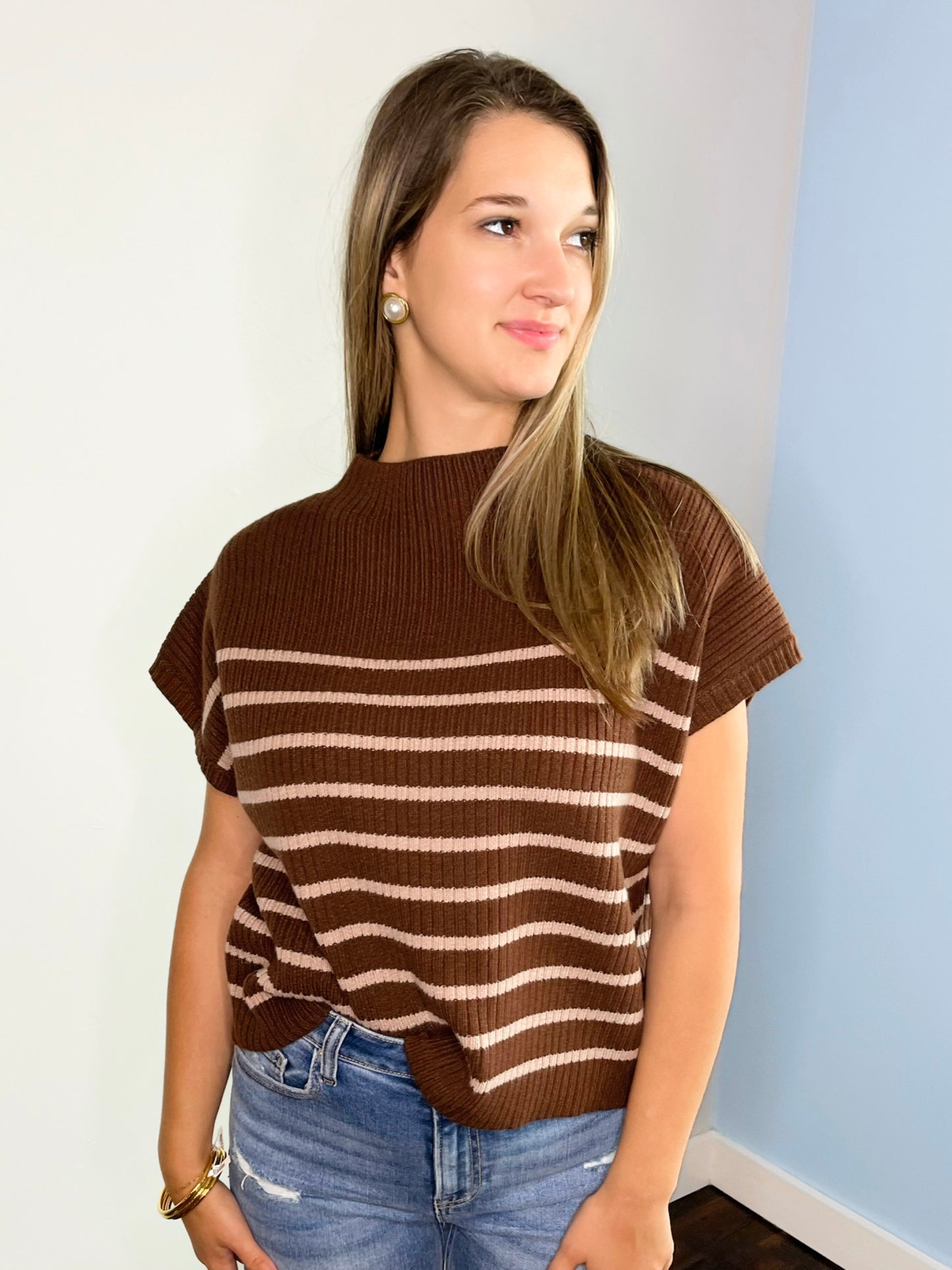Paige Striped Mock Neck Sweater Top | Brown