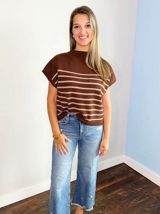 Paige Striped Mock Neck Sweater Top | Brown