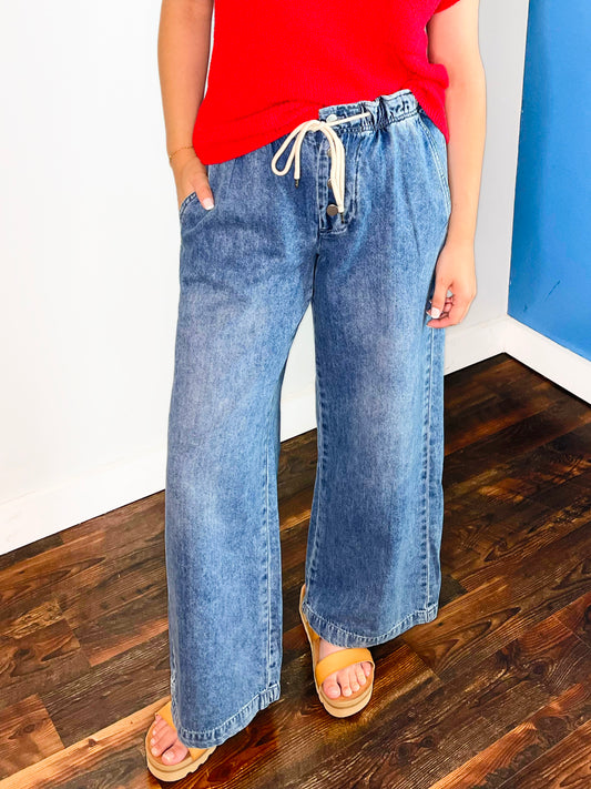 Alba Wide Leg Drawstring Denim Pants