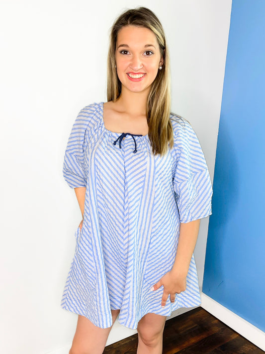 Benson Seersucker Romper | Blue