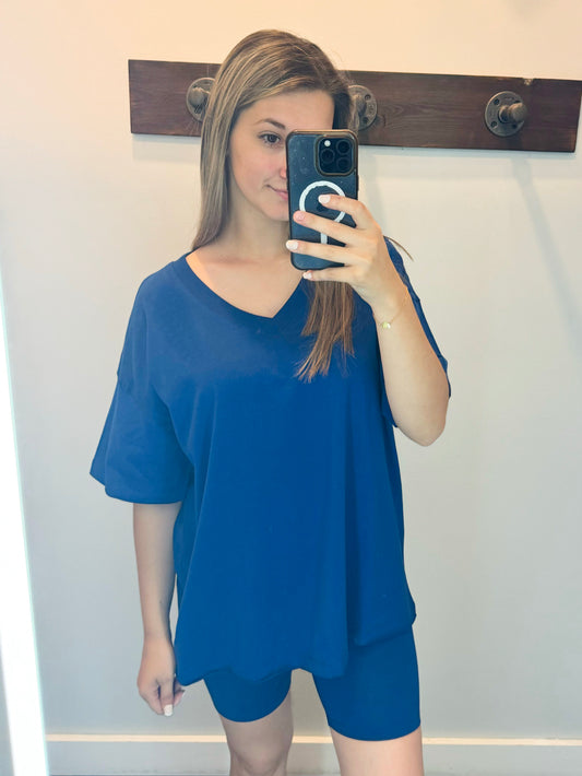 Mandy Cotton Short Sleeve Top and Biker Shorts Set | Light Navy