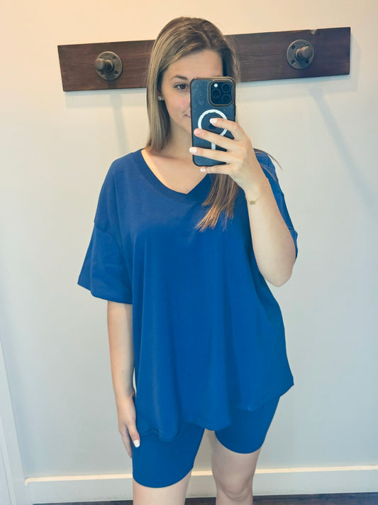 Mandy Cotton Short Sleeve Top and Biker Shorts Set | Light Navy