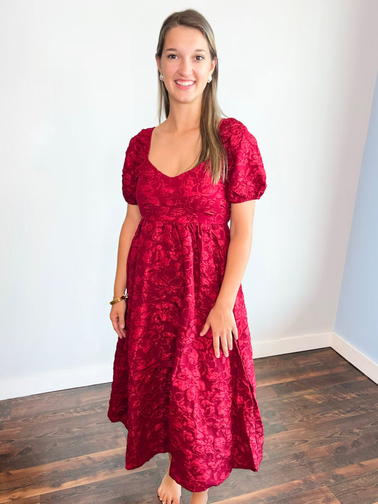 Rosemary Floral Jacquard Midi Dress | Deep Red