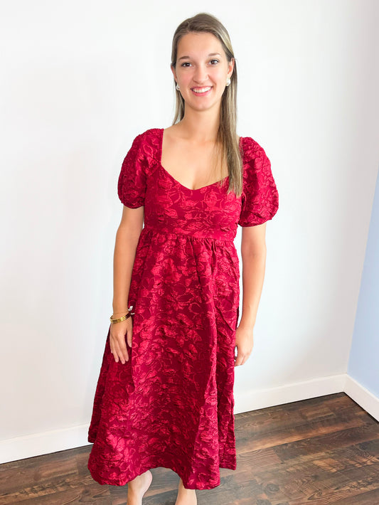 Rosemary Floral Jacquard Midi Dress | Deep Red