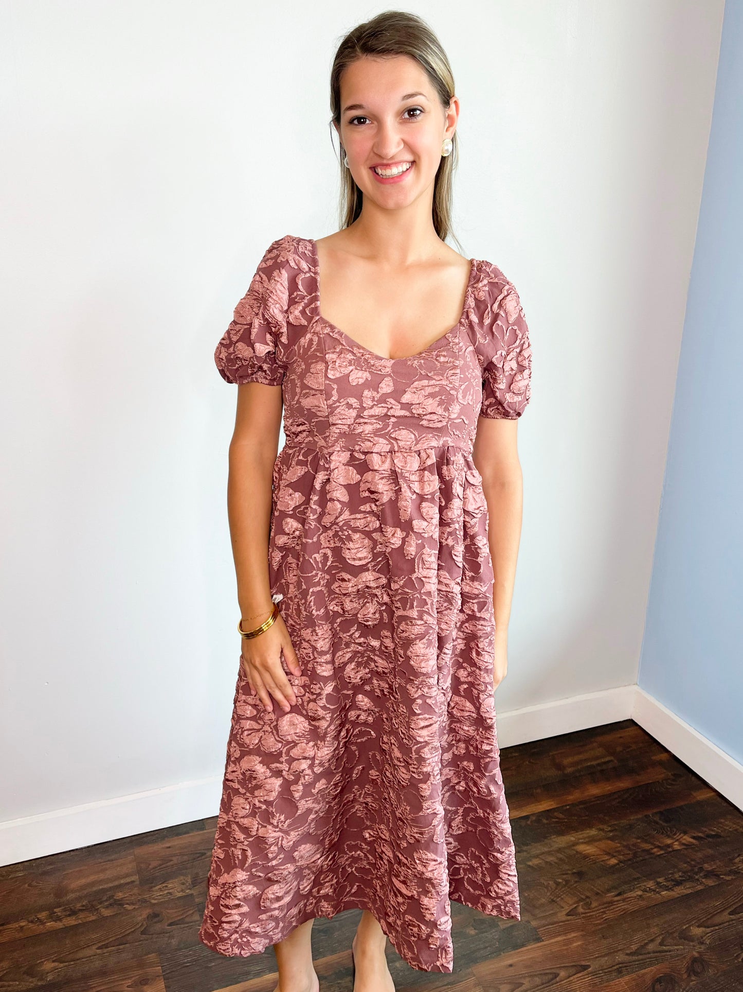 Rosemary Floral Jacquard Midi Dress | Dusty Mauve