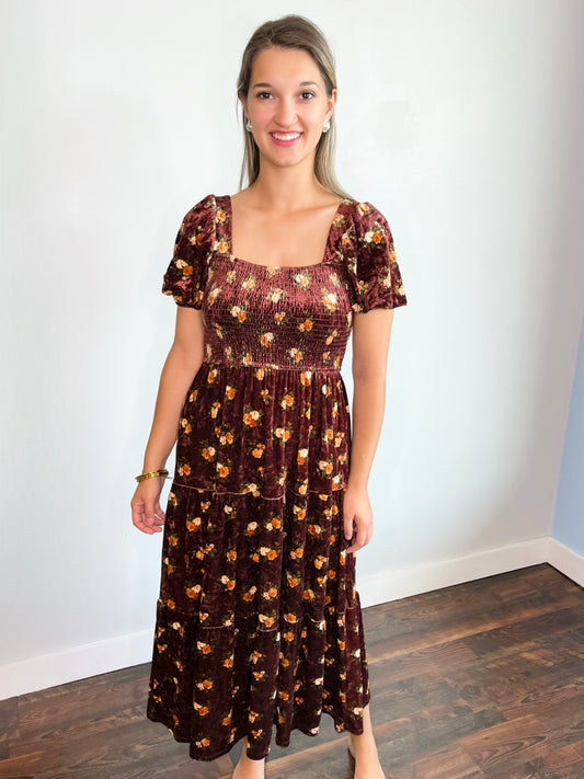 Tabitha Floral Velvet Midi Dress | Burgundy