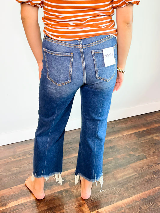 Anna Cropped Distressed Hem Zenana Jeans | Dark