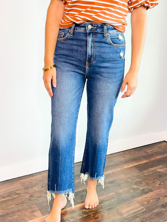 Anna Cropped Distressed Hem Zenana Jeans | Dark