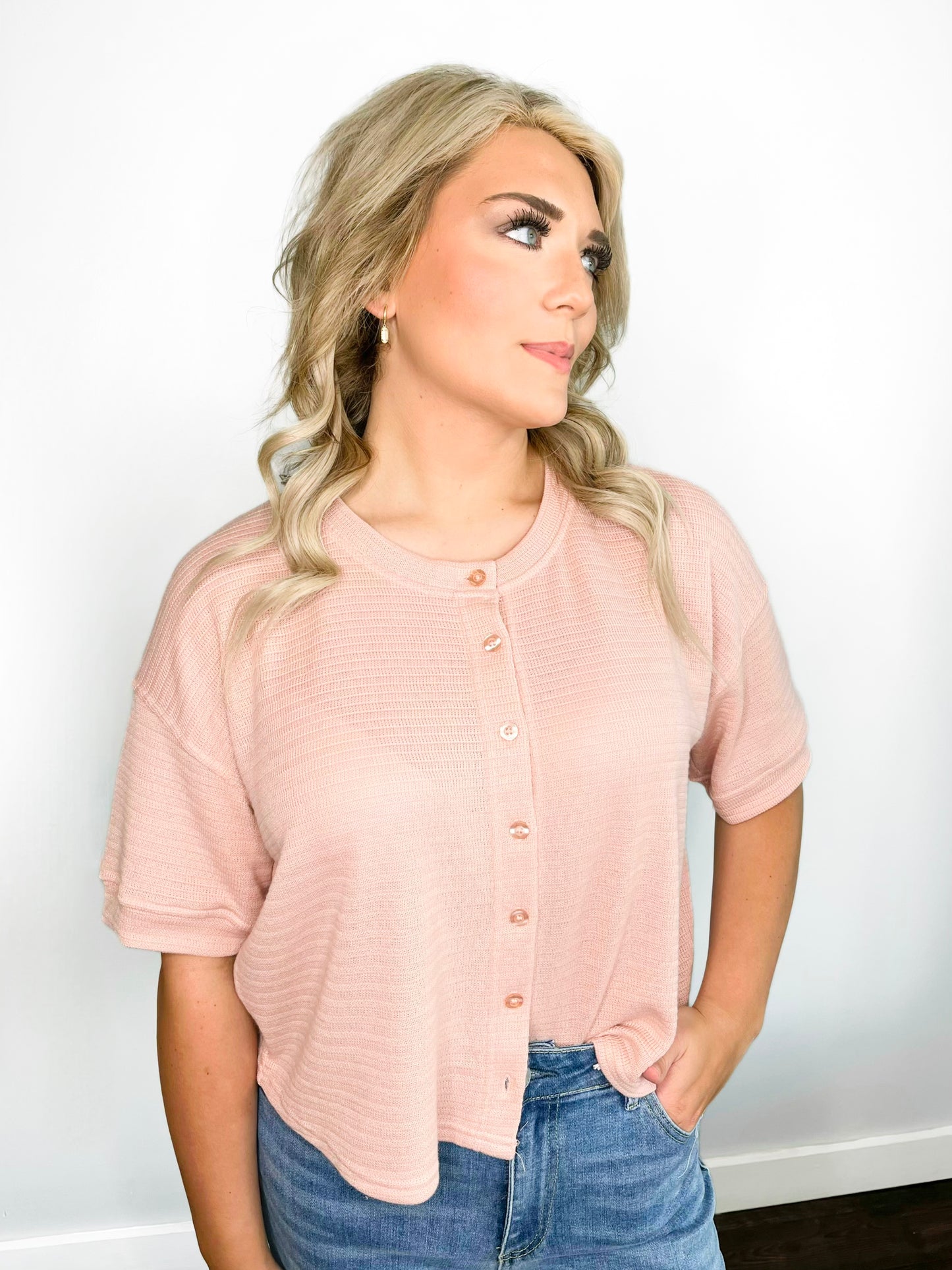 Brody Button-Down Short Sleeve Top | Light Pink