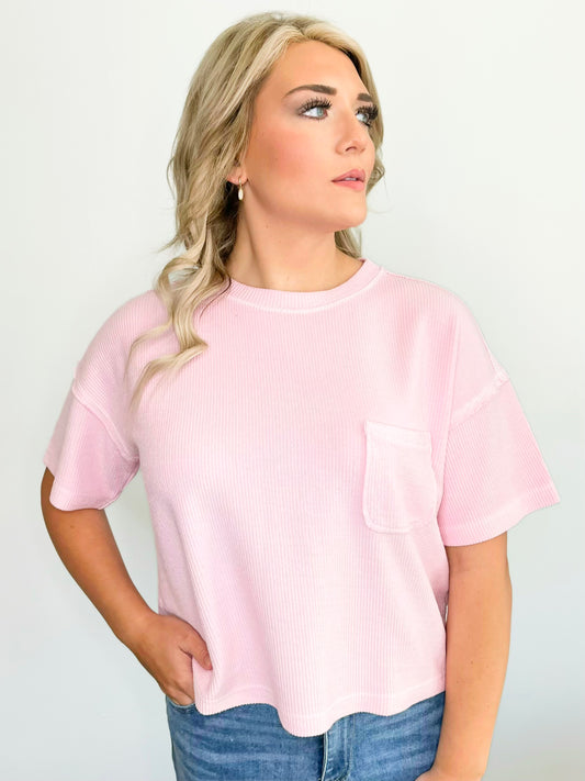 Megan Ribbed Short Sleeve Top | Light Pink