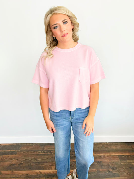 Megan Ribbed Short Sleeve Top | Light Pink
