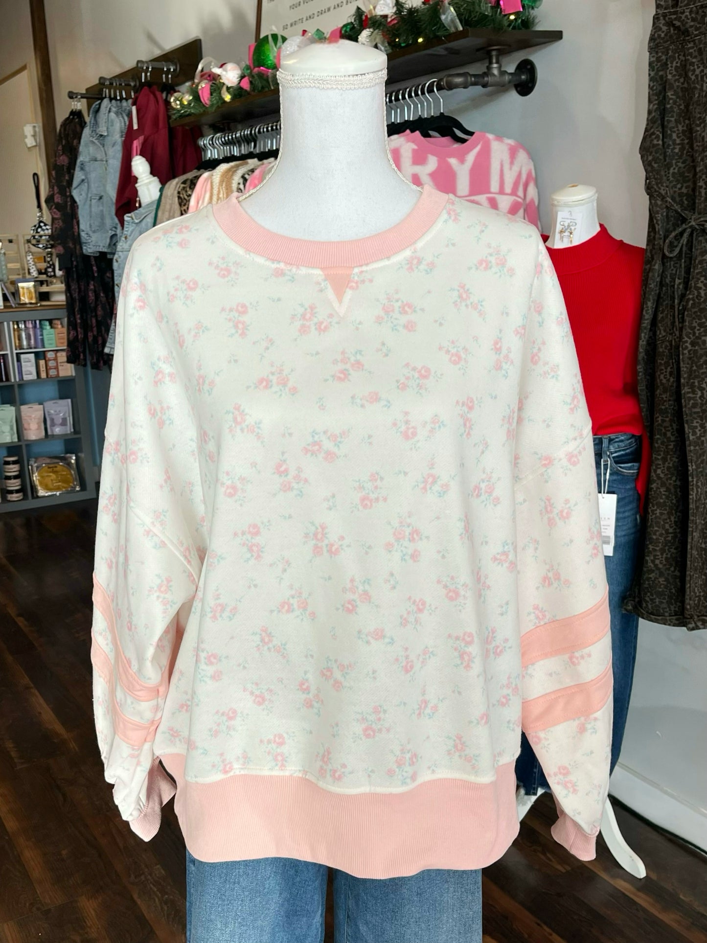 Wendy Floral Contrast Stripe Band Sweatshirt | Pink