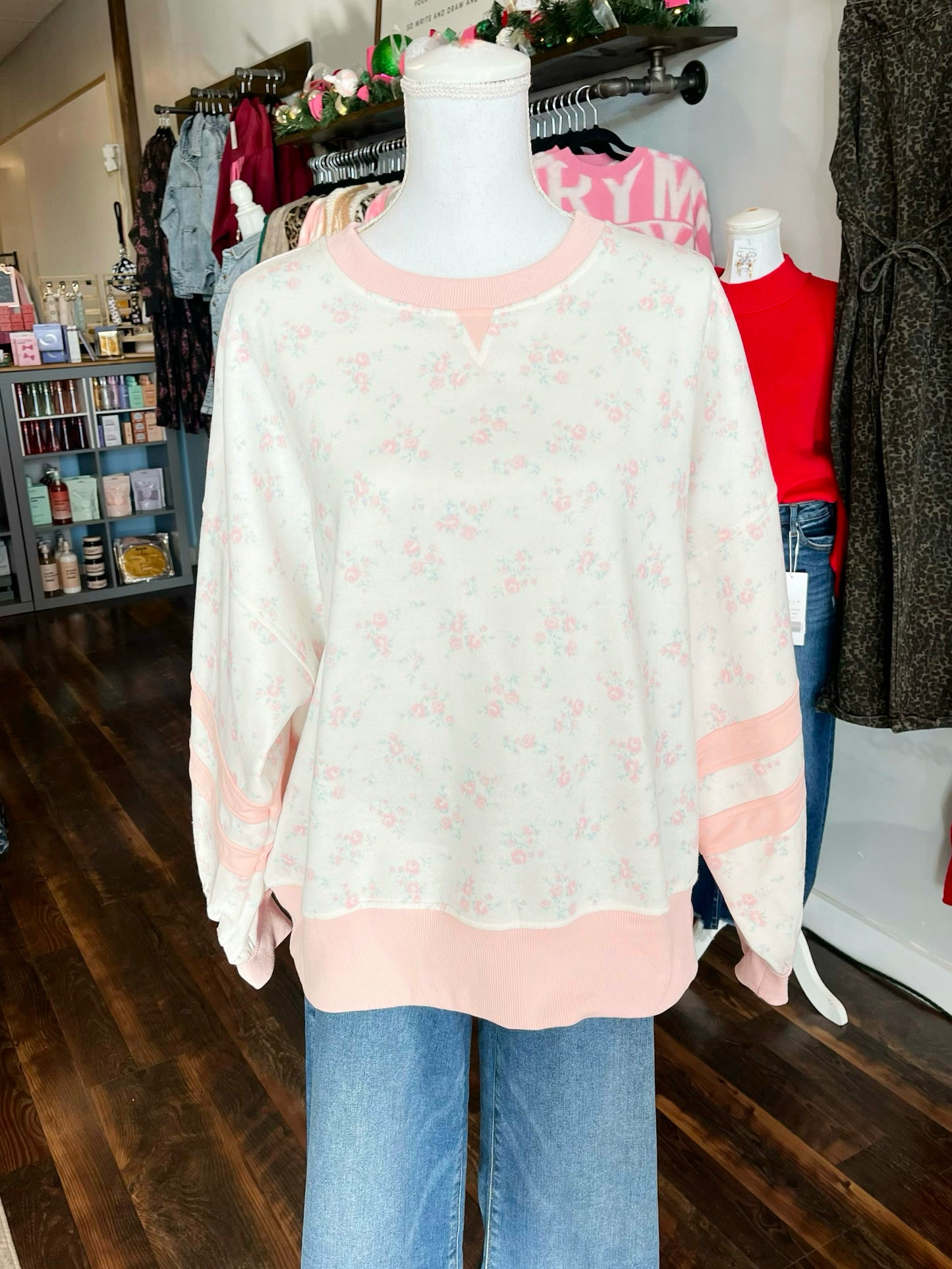 Wendy Floral Contrast Stripe Band Sweatshirt | Pink