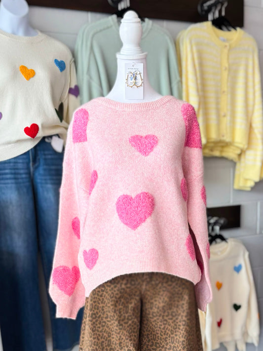 Scattered Fuzzy Textured Heart Sweater