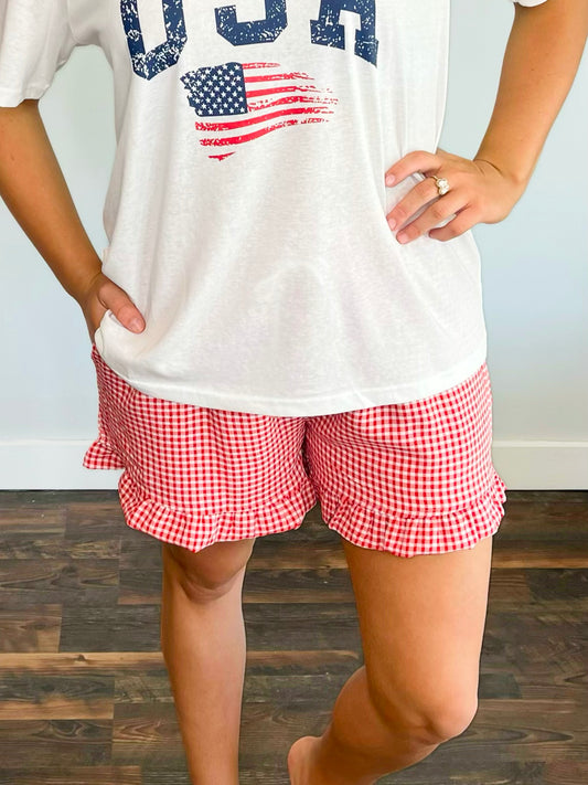 Sofia Checkered Woven Shorts | Red