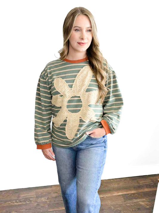 Ada Eyelet Floral Patched Striped Top