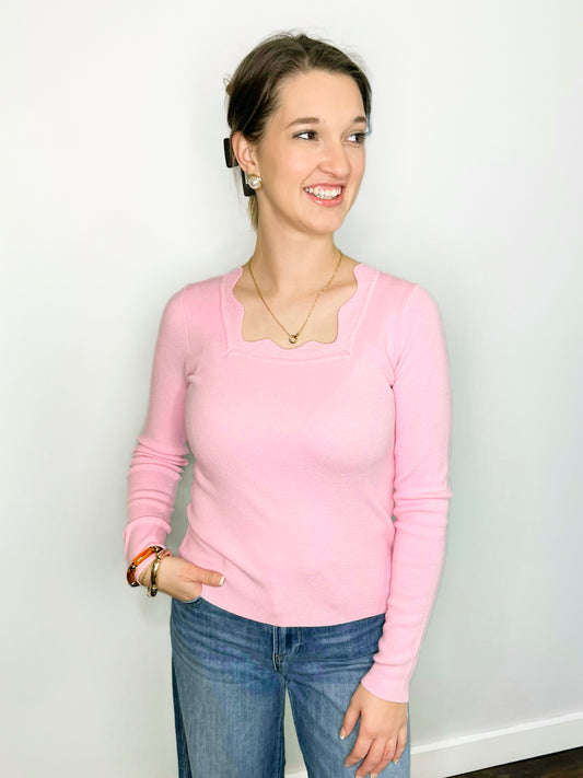 Katie Scalloped Neckline Sweater | Pastel Pink