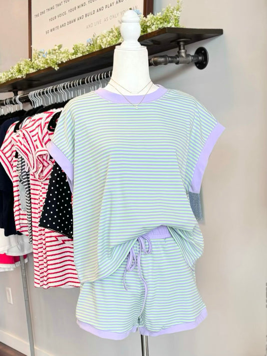 Hank Striped Top & Shorts Set | Mint/Lilac