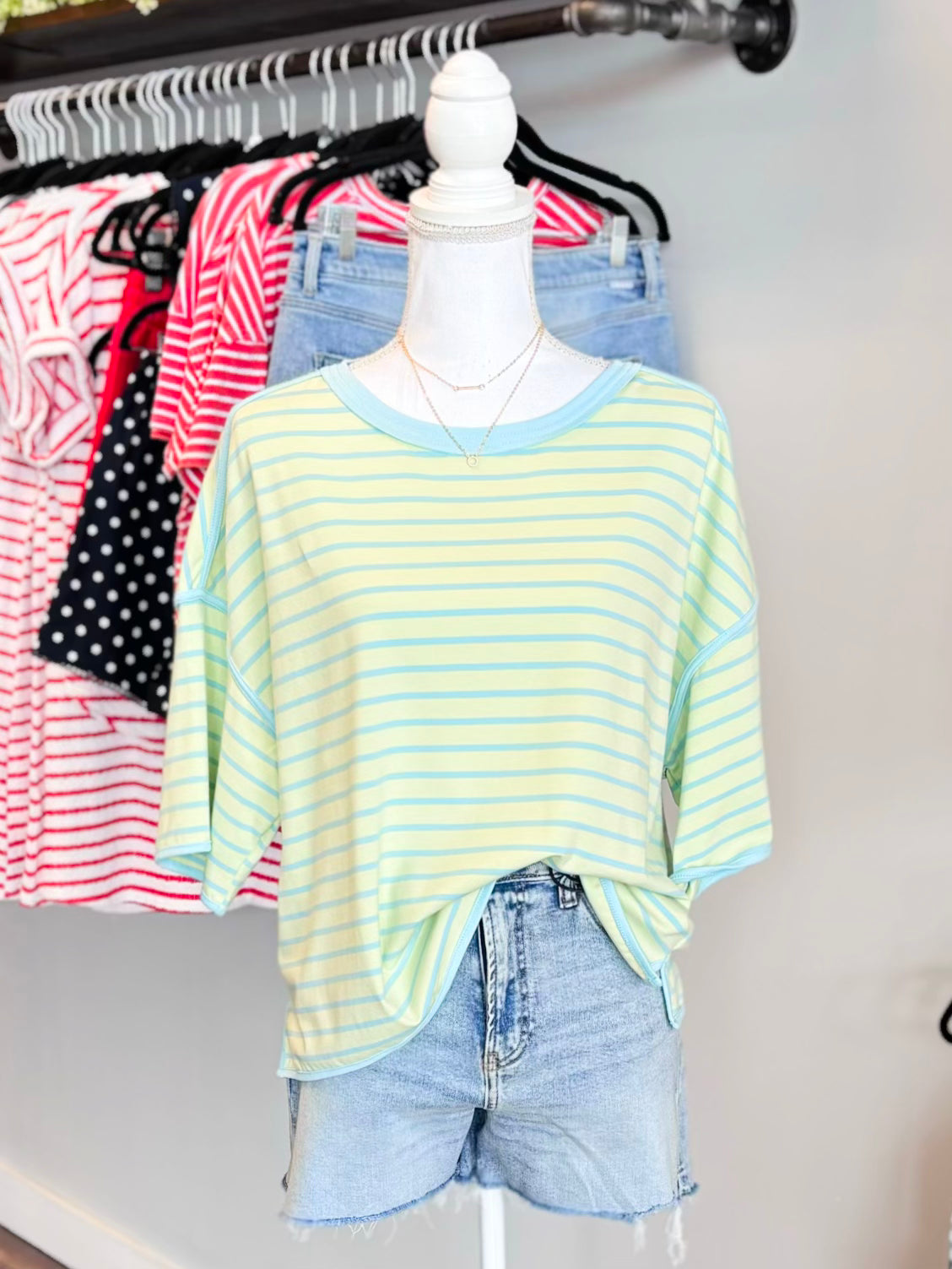 Swayze Striped Contrast Hem Tee | Mint/Blue