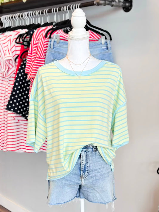 Swayze Striped Contrast Hem Tee | Mint/Blue
