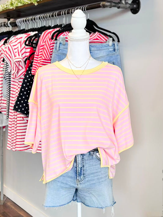 Swayze Striped Contrast Hem Tee | Pink/Yellow