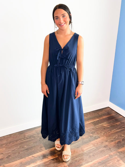 Tasha Bow Front Eyelet Hem Midi Dress