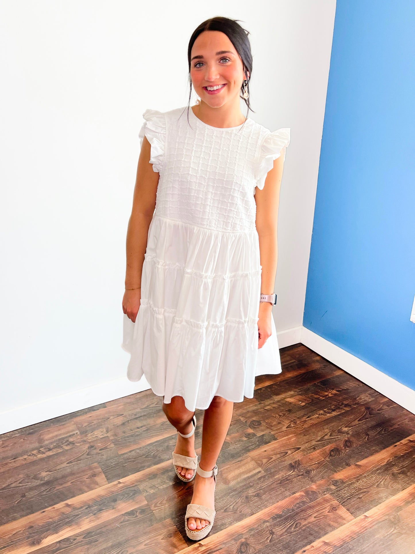 Holten Textured Ruffle Sleeve Dress | Off White