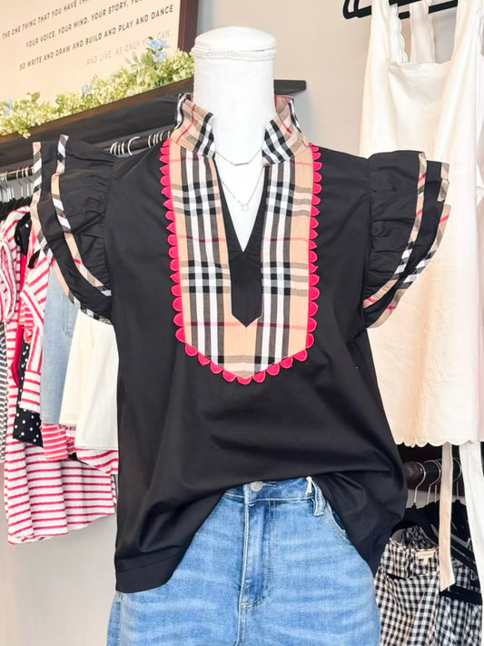 Annie Plaid Contrast Top | Black