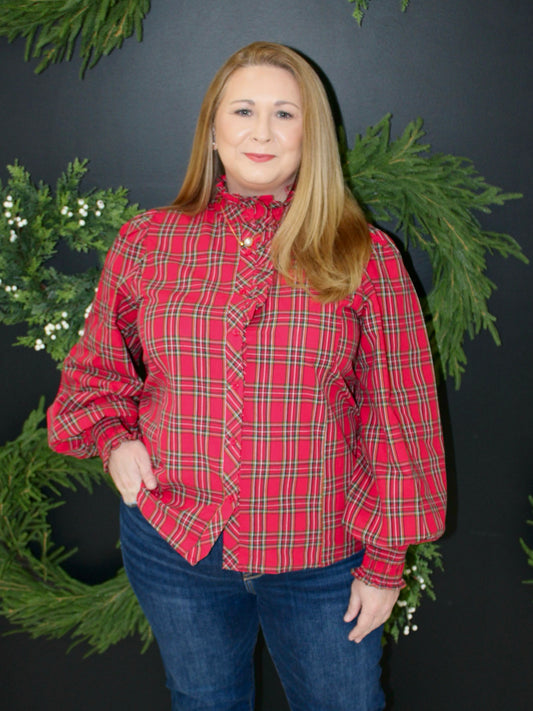 Martha Plaid Ruffle Trimmed Blouse | Red