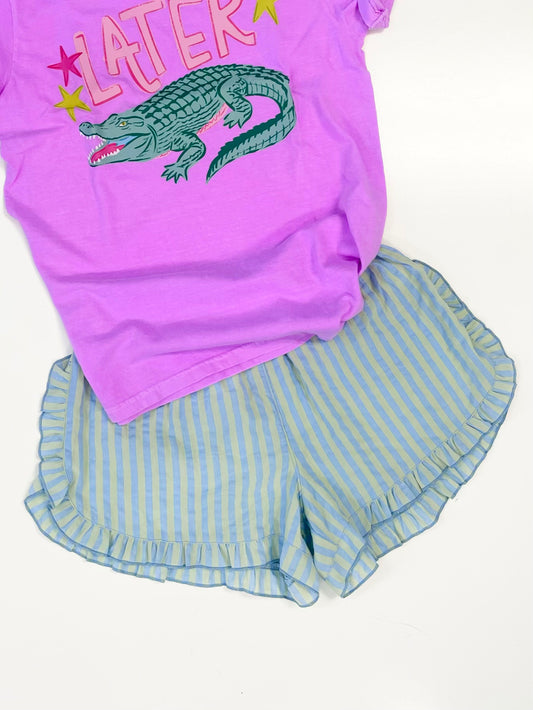 Brianna Striped Ruffle Trim Shorts | Blue/Lime