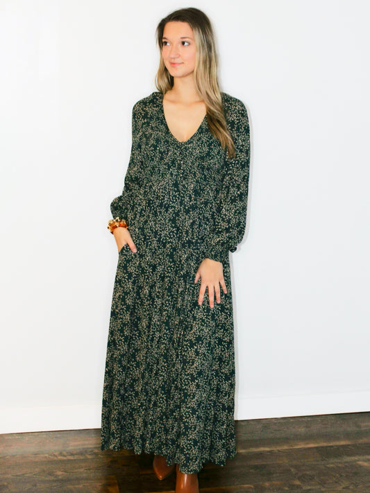 Jorja Smocked Floral Midi Dress | Forest Green