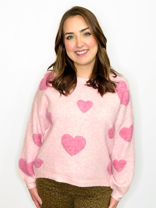 Scattered Fuzzy Textured Heart Sweater