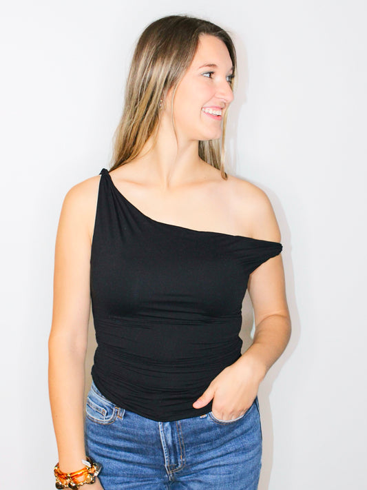 Elsa Rolled Sleeve Asymmetrical Top | Black