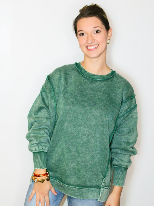 Kelly Washed Exposed Seam Fleece Sweatshirt | Deep Green