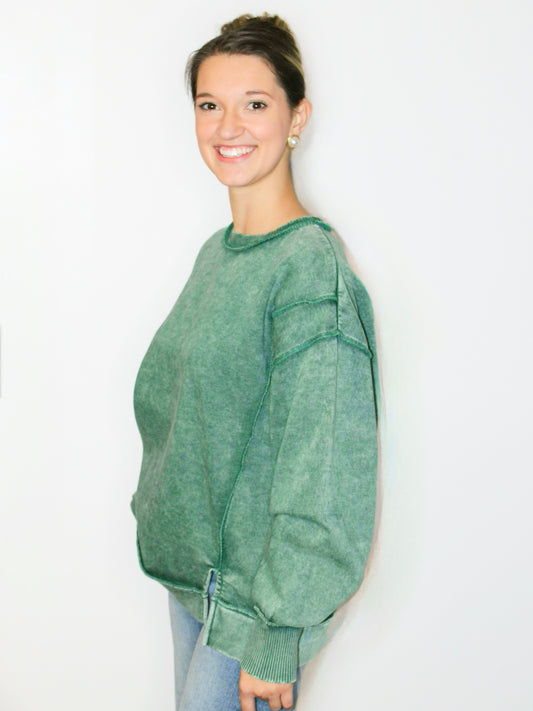 Kelly Washed Exposed Seam Fleece Sweatshirt | Deep Green