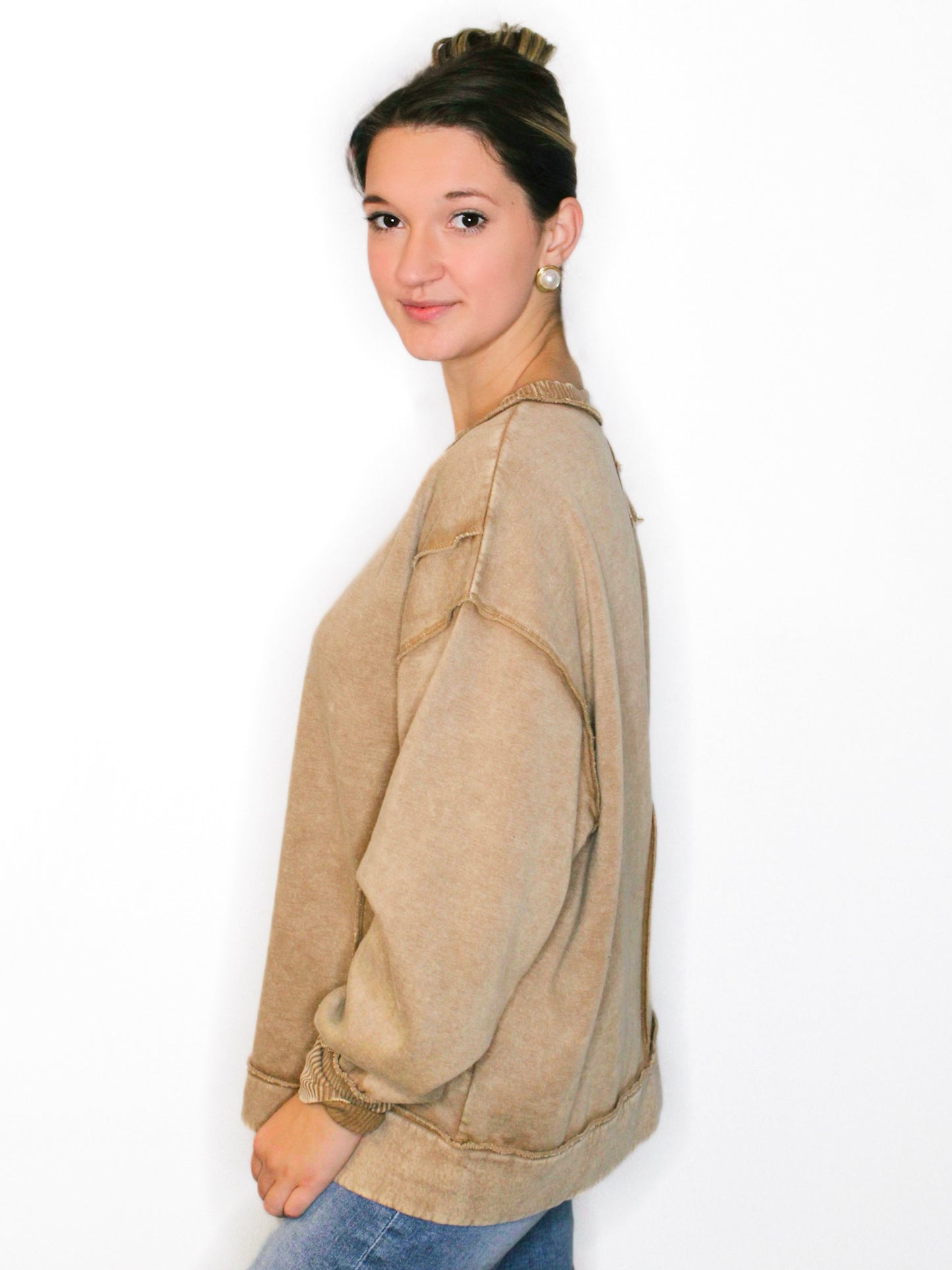 Kelly Washed Exposed Seam Fleece Sweatshirt | Deep Camel