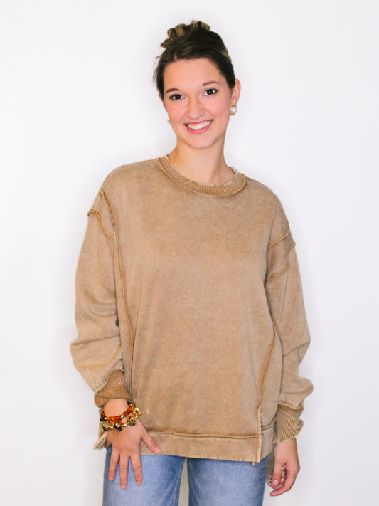 Kelly Washed Exposed Seam Fleece Sweatshirt | Deep Camel