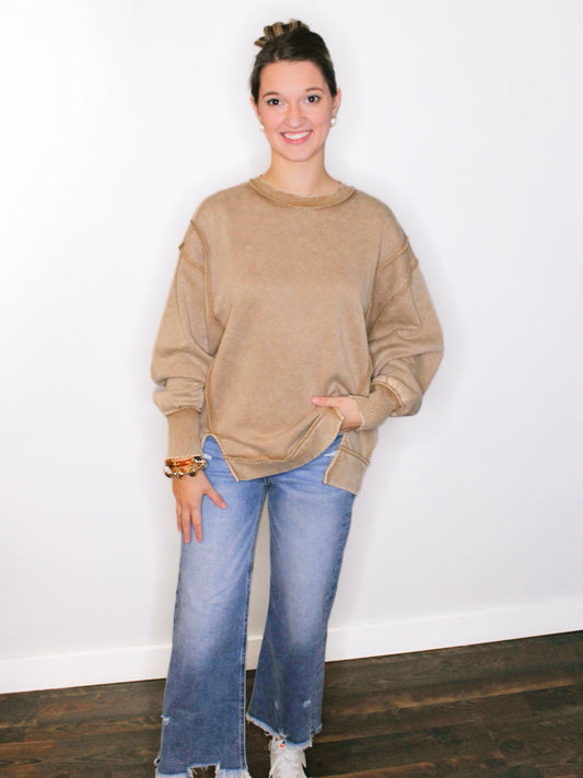 Kelly Washed Exposed Seam Fleece Sweatshirt | Deep Camel
