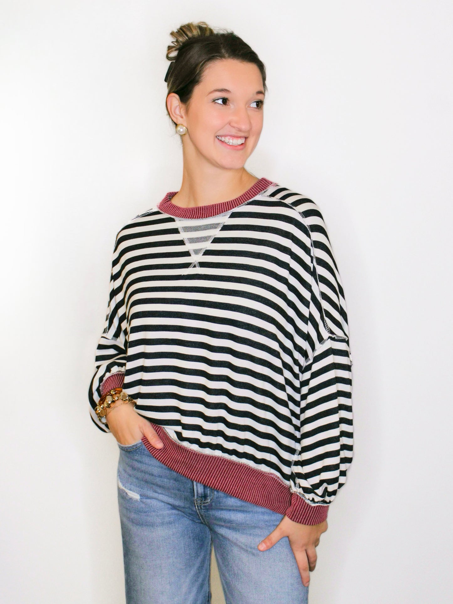 Brady Striped Knit Top | Black/Wine