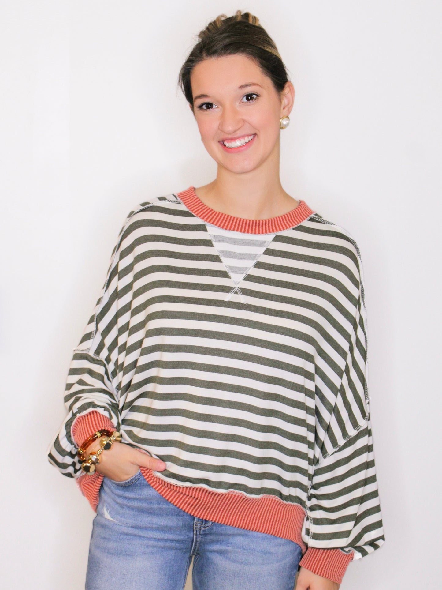 Brady Striped Knit Top | Olive/Rust